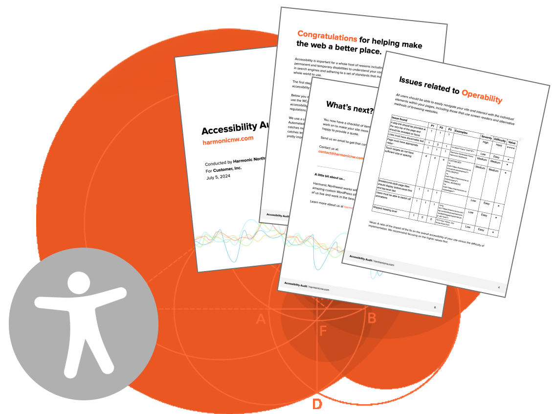 Pages of an audit report and an accessibility symbol superimposed over circular geometric diagrams