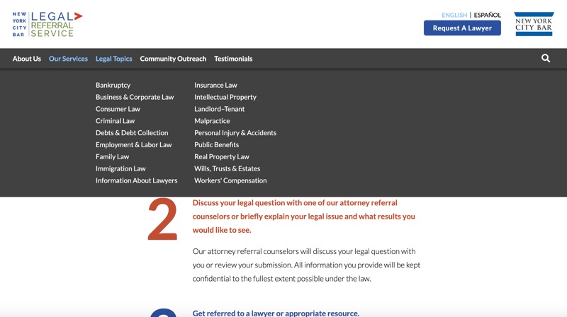 NYC Bar Legal Referral Service website screenshot
