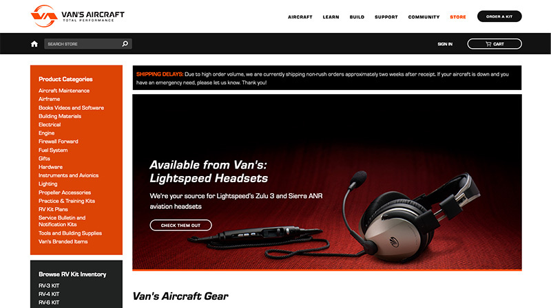 store.vansaircraft.com screenshot